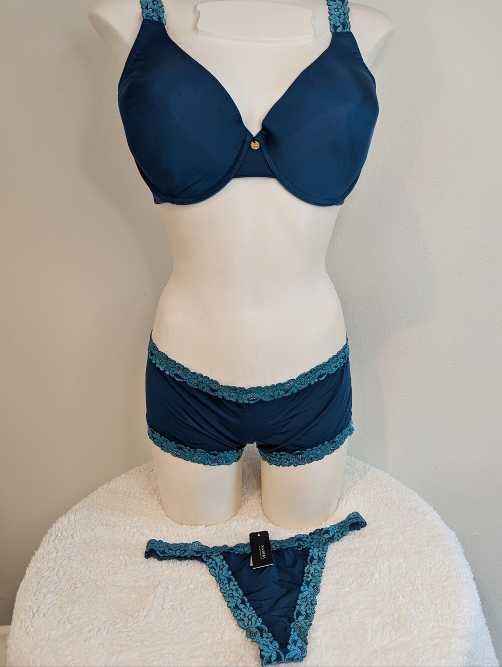NWT Natori Body Double Lace Trim Bra 36DD + Boyshorts L + Thong Teal Turquoise